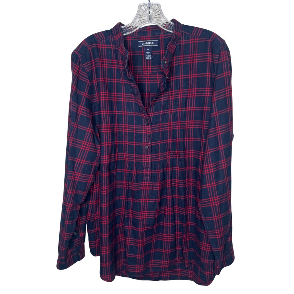 Lands End Plaid Tunic Shirt Navy Red Button Up Long Sleeve Women‎ Size 14 Cotton